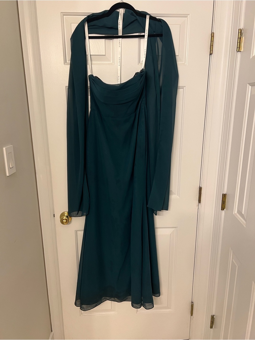 Azazie Teal Chiffon Strapless Gown with Sheer Shawl